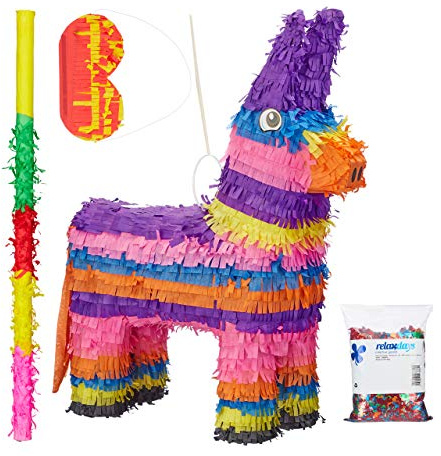 Relaxdays Set de Piñata Infantil Burro Arcoíris XXL, Palo, Antifaz y Confeti, Papel, Multicolor, 55 x 40 x 13 cm