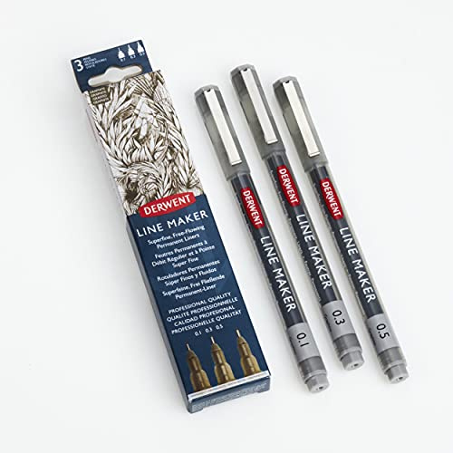 Derwent Graphite Line Maker Pen, Set om 3, Fine Liners, Blandade Nibs, Snabbtorkande Bläck, Idealisk för Skissning, Skrivande, Illustration och Färgning, Professionell Kvalitet, 2305562