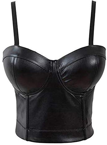 Woboren Débardeur à Bretelle Femme Corset Bra Bustier sans Manches PU Cuir Noir Gilet Maillot de Veste de Clubwear crop top (Noir, L)
