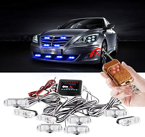 8 x 2 LED 8 en 1 DC12 V Control remoto inalámbrico LED luz estroboscópica advertencia – Luz intermitente para la parrilla del camión de coche DRL ambulancia policía motocicleta (8 luz azul)