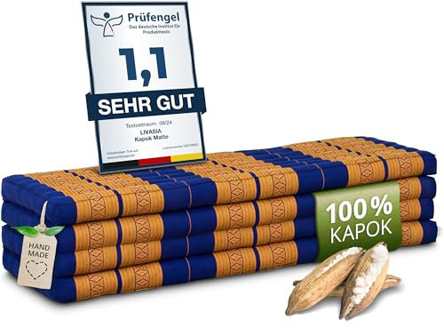 livasia Nachhaltige Klappmatratze Kapok XXL - 200x140x8cm - extrabreite Gästematratze, Faltbare Matratze doppel, ökologische Yogamatte, Gästebett klappbar, Liege Garten Balkon (Blau/Gelb)
