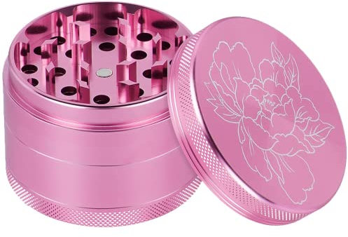 Wegics Grinder Crusher, macinino in alluminio con fiore intagliato, 4 pezzi, piccolo grinder per erbe, robusto lega di zinco, per spezie e grattugia, colore: rosa