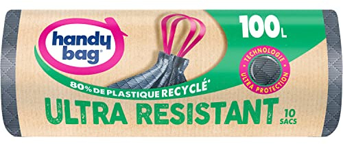 Handy Bag - Sacs poubelle à poignées coulissantes Ultra Résistant 100L x 10 sacs - Ultra Protection : trame et film triple épaisseur - Fond anti-fuite - Étanchéité maximale - 100% plastique recyclé