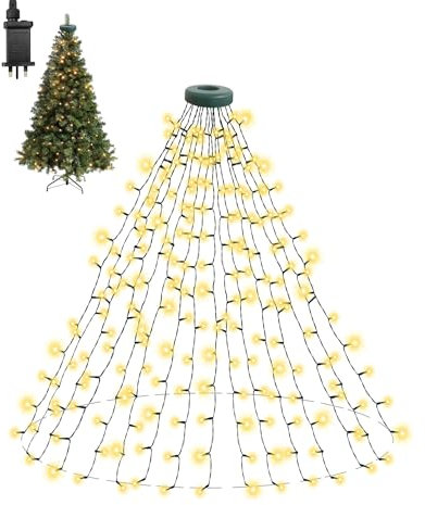 Dekofun Christmas Tree Lights 400 LED 2Mx16 Drop Plug in Xmas Tree Net Lights with Ring, Timer, Cascading Twinkle Light 8 Modes Waterproof Waterfall String Light for Indoor Outdoor Decor - Warm White