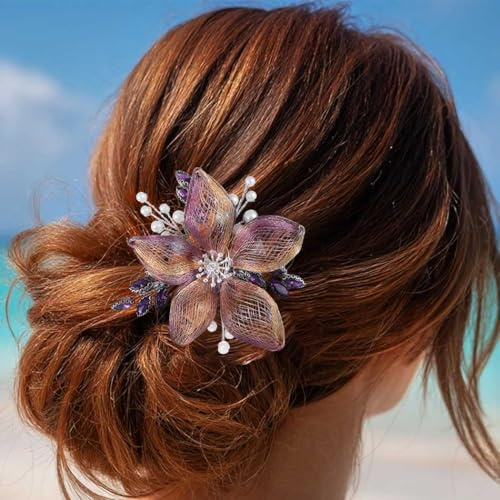 Unicra Barrette à cheveux en fil de cuivre en métal tissé à la main pour mariage et soirée, style Art déco, fleurs violettes, pour femmes et mariées, 1 unité (Lot de 1)