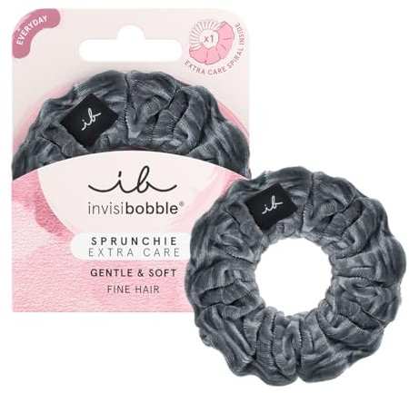 invisibobble Haargummi Extra Care Grau Scrunchie Soft as Silk, Haargummis starker Halt für Mädchen & Damen, Scrunchies Samt Grau, designed im Herzen Münchens, 1 stück (1er Pack)