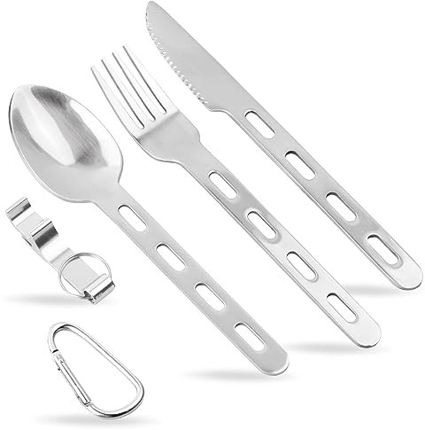Anseom Ensemble de couverts en Acier Inoxydable, 5 pièces de Couverts de Voyage avec Cuillère Fourchette Couteau Ouvre-bouteille Couverts en Acier Inoxydable