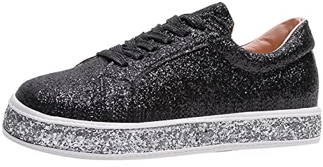 Womens Sequins Trainers UK Sale Clearance, Walking Work Shoes Sparkling Platform Sneakers Lace up Slip on Trainer Shine Shoe with Memory Foam Athletic Gym Shoes Fashion Sneaker Tennis Shoes