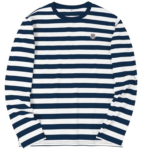 KESIHAN Men's Casual White and Navy Striped Shirts Crewneck Long Sleeve Basic Daily Work T Shirt Tops 2XL-Large White Navy