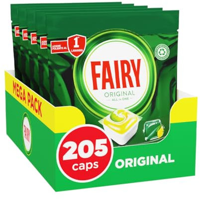 Fairy Original Pastiglie Lavastoviglie, 205 Capsule, Limone, Detersivo Con Azione Pulente Al Primo Lavaggio, Efficace Sul Grasso Incrostato Con Azione Brillante