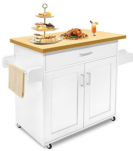 FIVMEN Küchenwagen Küchenschrank mit Rollen und Arbeitsplatte Servierwagen Kücheninsel aus Holz mit Handtuchhalter und Gewürzboard Mobile Küchenschränke Kücheninselwagen Weiß, 115x90x36cm