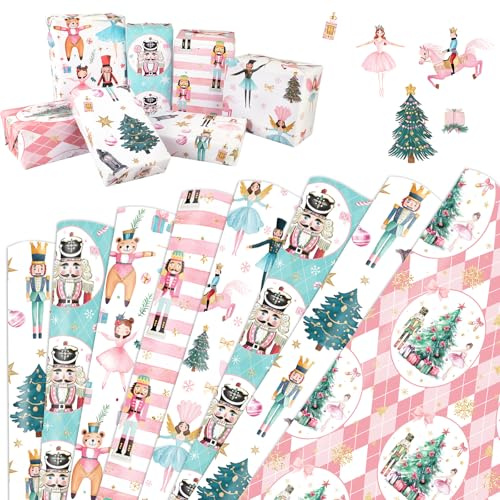 DPKOW Navidad Papel de Regalo de Cascanueces, 12 hojas Papel de Regalo de Soldado Cascanueces de árbol de Navidad Artículos para fiestas de Cascanueces Envoltura de Regalos Reciclable, 70 * 50 cm