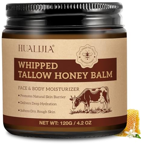 Tallow and Honey Balm (120g), Beef Tallow for Skin, Tallow Face Moisturizer, Organic Grass Fed Whipped Beef Tallow Cream, Deeply Hydrates and Moisturizes Face Body, Fast Absorption, Glass Bottle