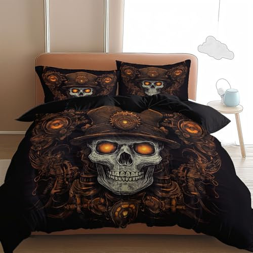Generisch Sci Fi Poster Stil Kinderbettwäsche 135 x 200 cm, Horror Kunst Totenkopf Bettbezug mit Reißverschluss, Weich Bettwäsche-Sets Zimmer Dekor Bettbezüge mit 2 Kissenbezüge 80 x 80 cm