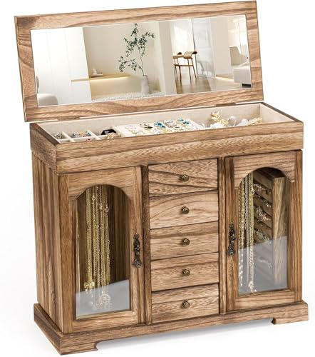 Emfogoo Joyeros Mujer Organizador, 6 Niveles Organizador Joyas Rústica con Espejo, Joyero Madera Grande para Collares, Pendientes, Anillos, Pulseras (Marrón Rústico)