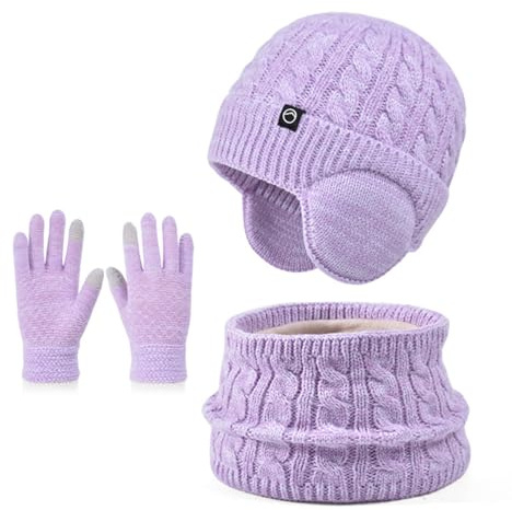 D'hiver Enfant Bonnet avec Cache-Oreille Écharpe Gants 3 en1, Doublure Intérieure en Polaire Bonnet en Tricot Chaud Élastique Cache-Cou Gants à écran Tactile pour Fille Garçon 4-10