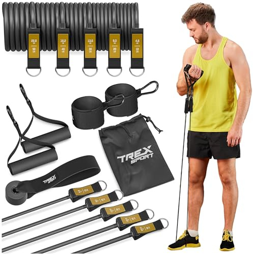 TREX SPORT Widerstandsbänder 5er Set Fitnessbänder mit Griff TX-050TS Expander | Gymnastikband 4,6-22,8 kg, Türanker, Knöchelriemen | Resistance Bands Grau