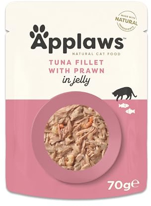 Applaws Cibo Umido per Gatti 100% Naturale – Filetto di Tonno con Gamberetti in Gelatina, in Bustine da 70g