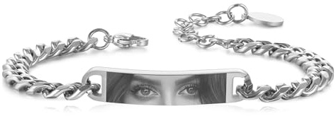 MeMeDIY Bracciale Uomo con Foto Occhi Personalizzata Braccialetto Acciaio Inossidabile Regolabile con Incisione Foto/Nome/Testo Regalo Personalizzati per Marito Fidanzato Coppia Anniversario - Argento
