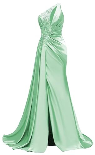 HPPEE Robe de soirée en satin à épaules dénudées avec fente en dentelle à paillettes pour femme, vert sauge, 46