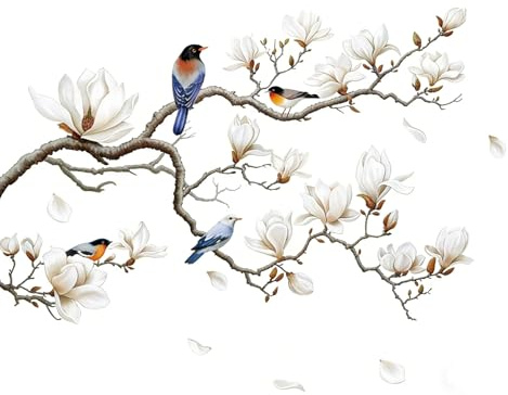 wocpvm Autocollant Mural Magnolia Blanche,Stickers Muraux Fleurs Oiseaux,Sticker Mural Élégant à Thème Naturel pour Salon, Chambre,Salle de Bain