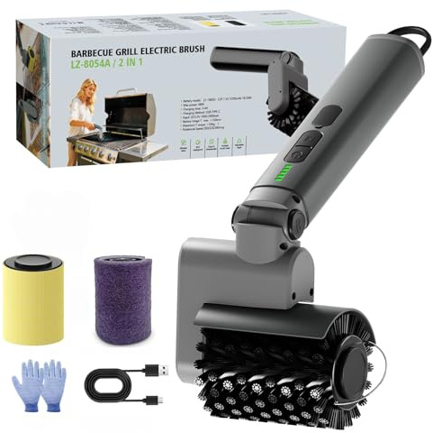 Spazzola Barbecue Elettrica, Spazzola Elettrica per Barbecue con Angolo Regolabile, 3 Velocità, 90 Minuti di Durata, Testina in Acciaio Inossidabile, Impermeabile Pulitore BBQ Senza Fili per Griglia