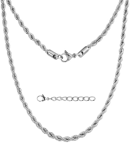 Silvadore 4mm Silver ROPE Chain Necklace For Men - Womens Real Solid Stainless Steel Twist Link - Diamond Cut Neck Pendant Jewellery - Cool Birthday Gift Him Her Boy Girl Kid Man Male - 18 to 36 Inch