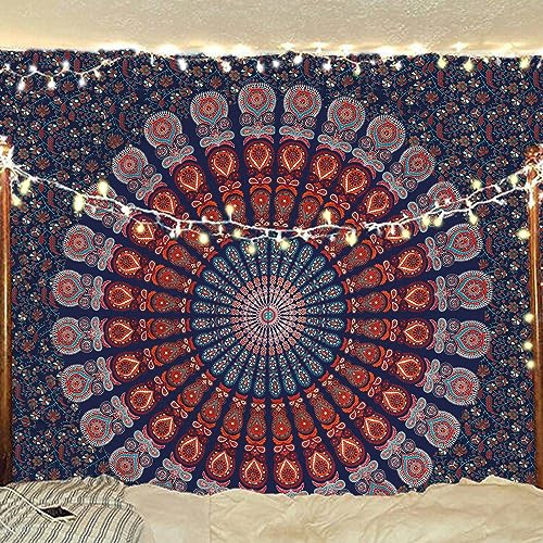 Bless International Indian hippie Bohemian Psychedelic Peacock Mandala Wall hanging Bedding Tapestry (Golden Blue White, Queen (84x90Inches)(215x230Cms))