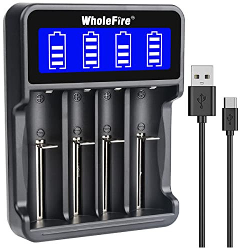 WholeFire Chargeur de Batterie Universel, Chargeur Chargeur de Piles Rapide 4 Emplacements avec Écran LCD Smart pour Rechargeable Li-ION 18650 26650 18490 17670 17500 16340 14500, Ni-MH/Ni-CD A AAA