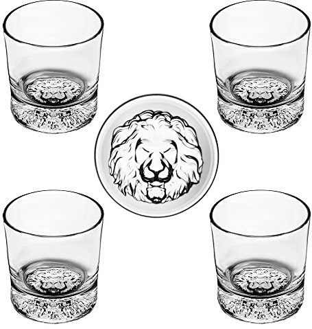 Whiskey Glasses Set of 4 with Lion Pattern 10 oz Old Fashioned Glasses