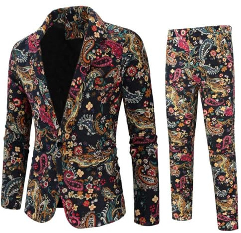 Cloudstyle Mens 2 Piece Print Suit Floral Party Dress Jacket Slim 2 Button Blazer Pants