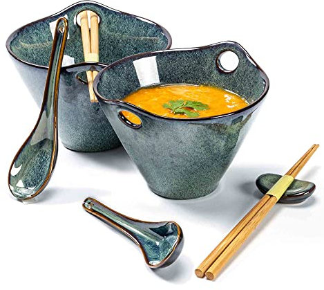 Henten Home Bols Ramen Porcelaine, Set Bols à Soupe de 8 Pièces avec Cuillère et Baguettes, Bols à Pâtes pour Soupe, Udon, Salade, Céréales pour 2 Personnes - 600ml, Vert