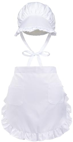 KUOIN Waist Apron Bonnet Set Colonial Apron Cap Ruffle Retro Maid Hat Apron With Pockets Cooking Costume (white)