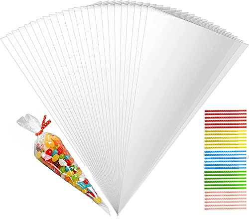 100 Stück Süßigkeiten Tüten, 30x16cm Candy Bar Tüten Bonbon Tüten Cone Tüte Cellophantüten mit 100 Stück Twist Ties Geschenktüten für Süßigkeiten Schokolade Bonbons Kekse