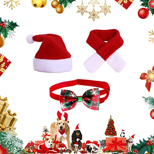 3 Pièces Costumes De Noël pour Animaux, avec Bandanas pour Animal De Compagnie, Bonnet De Noël, Nœud Papillon Réglable, pour Chien Chat Animal De Compagnie, Accessoires Festifs