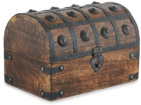 Ajuny Handcrafted Wooden Pirate Treasure Chest Jewelry Box Multipurpose Vintage Shell Strips Keepsake Trinket Storage Case Holder Necklace Earring Organizer Gift, 9x6 Inch