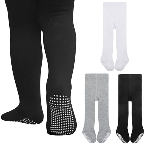 Durio Baby Cotton Children's Tights with Stopper Non-Slip Thin Stockings Leggings, 3 pairs - black, white and grey, 6-12 Monate
