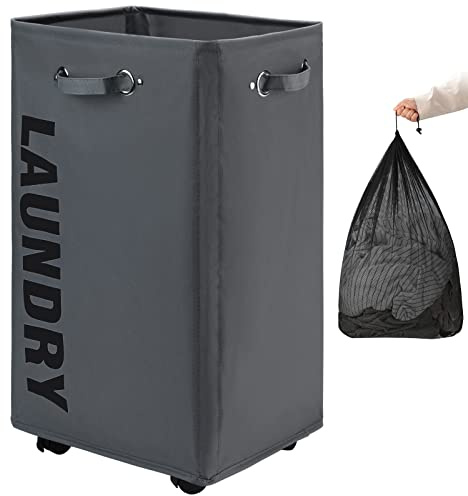 DOKEHOM 29-Inches X-Large Panier à Linge avec sac de Lavage Amovible sur Roulettes, Panier à Linge Roulant Pliable, Organiseur de Vêtements Pliant, Bac à Linge Pliant (Gris foncé)