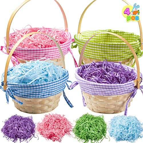 JOYIN 4 cestini pasquali in bambù intrecciato con manici e brandelli di carta in 4 colori, per caramelle, caramelle, giocattoli, per caccia alle uova di Pasqua, forniture per feste per bambini (22,9 x
