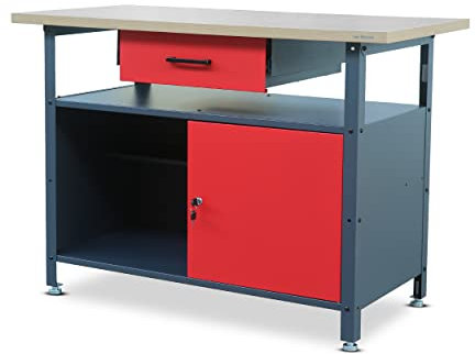 Jan Nowak Werkbank mit Arbeitsplatte Werktisch mit Schublade Schließfach Verstellbare Füße Belastbar bis 400 kg Metall Anthrazit-Rot 120 cm x 60 cm x 85 cm