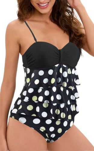 Rayson Dam tankini en del baddräkt volang volang monokini retro baddräkt push-up bandeau magkontroll rygglös utskärning badkläder, Gula prickar, XXL