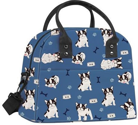 Clastyle Bolsa Termica Porta Alimentos Mujer Hombre Azul Bulldog, Bolsa Almuerzo Adulto Reutilizables con Correa, Bolsa Comida Trabajo Interesante para Viaje Picnic