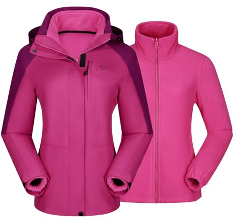 CAMEL CROWN Women's Ski Jacket Waterproof 3 in 1 Winter Snow Mountain Coat Warm Fleece Windbreaker Hooded Raincoat Snowboarding Jackets Rose Red L