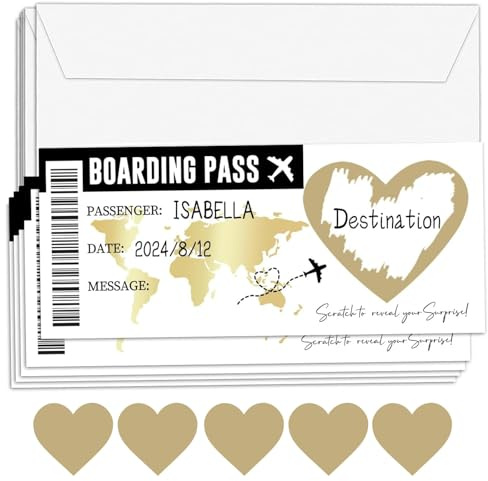 5 Pieces Golden Ticket Scratch-off Cards with Envelopes, Personalised Scratch Boarding Pass,Unique Travel Gift Packaging, Scratch & Reveal Surprise Ticket for Valentine's Day, Birthday, Girlfriends