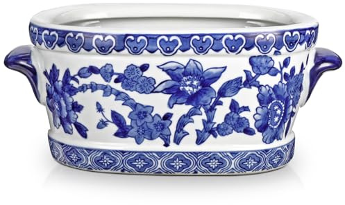 Arborus Blue and White Ceramic Planter Pot – Vintage Floral Oval Cachepot Vase for Indoor Plants, Flowers & Succulents – Glazed Chinese Porcelain Style Decorative Bowl – 7.4 Size – No Drainage