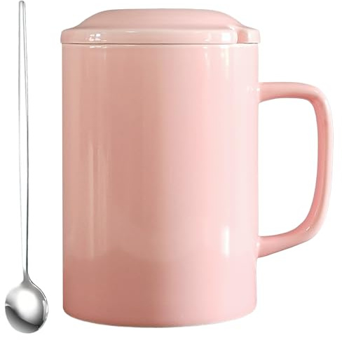 NIUKOMY Taza de Café Gigantes Grande de Cerámica 1000 ml, Rosa | Tazas enormes, mug muy grande XXL con tapa y cuchara, aptas para lavavajillas y microondas, para café, té, oficina y hogar