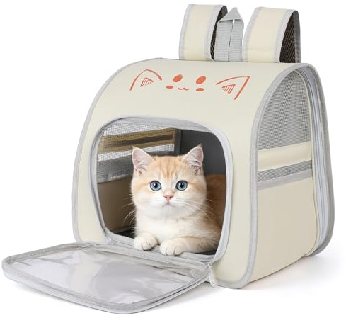 Cat Backpack Carrier, Breathable Pet Carrier Backpack for Small and Medium Cats and Dogs Up to 7kg, Lightweight Soft-Sided Pet Travel Rucksack for Hiking, Walking and Vet Visits (Apricot)