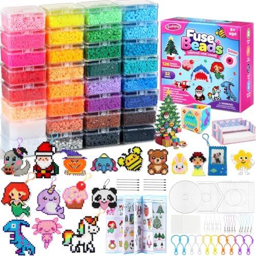 Strykpärlset, Funtopia 25600 st. Strykpärlor stora i 32 separata lådor | 32 färger strykpärlor 5 mm, XXL set med 126 mönster, strykpärlplattor, strykpapper, gåva pysselset barn från 6 år