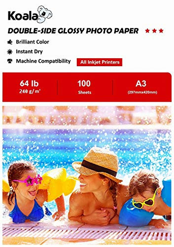 Koala Fotopapier für Tintenstrahldrucker, Doppelseitig, Glänzend, A3, 240 g/m², 100 Blatt. Geeignet zum Drucken von Fotos, Zertifikaten, Broschüren, Flyern, Faltblättern, Grußkarten, Kalendern, Kunst