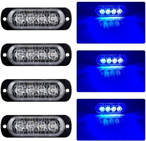 4pcs Ultra Thin 4LED Emergency Warning Lights Blue Hazard Flashing Strobe Light Side Warning Light Beacon Light Universal for 12-24V Vehicle Truck Trailer Caravan Camper Motorcycle Van